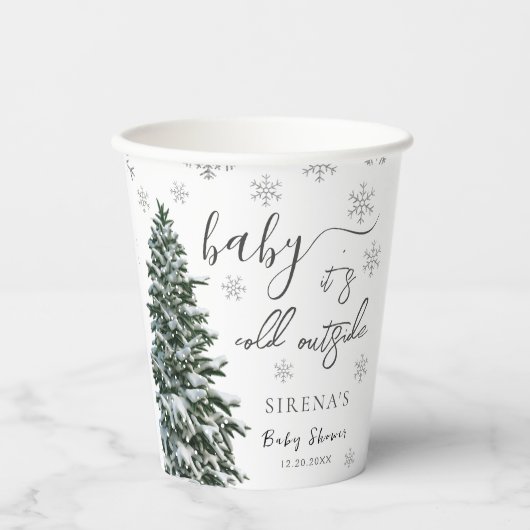 外は寒い |冬の木の赤ちゃんシャワー 紙コップ (正面)