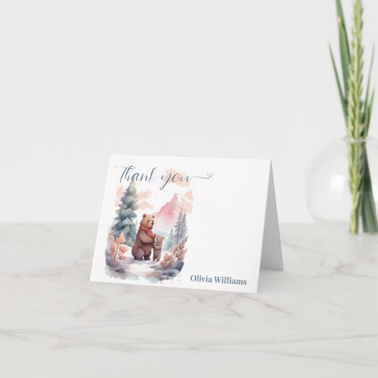 外は寒い 冬の森 クマのベビーシャワー サンキューカード (正面)