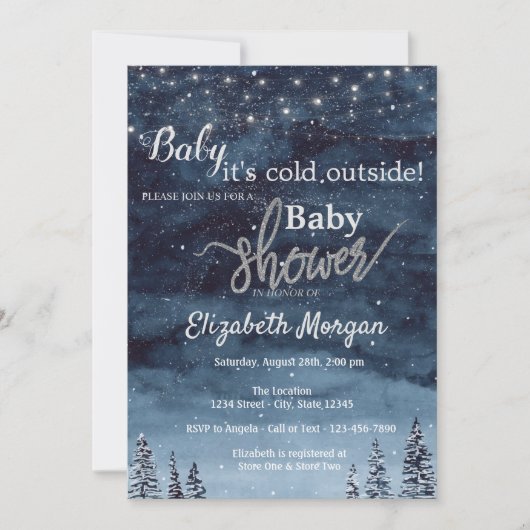 外は寒く、冬の森の赤ちゃんシャワーを点灯 招待状 (正面)