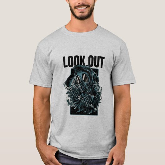 「外を見る」ダークガスマスクグラフィックTシャツ Tシャツ (正面)