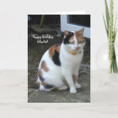外パーソナライズされたに座るカリコ猫誕生日 カード (正面)