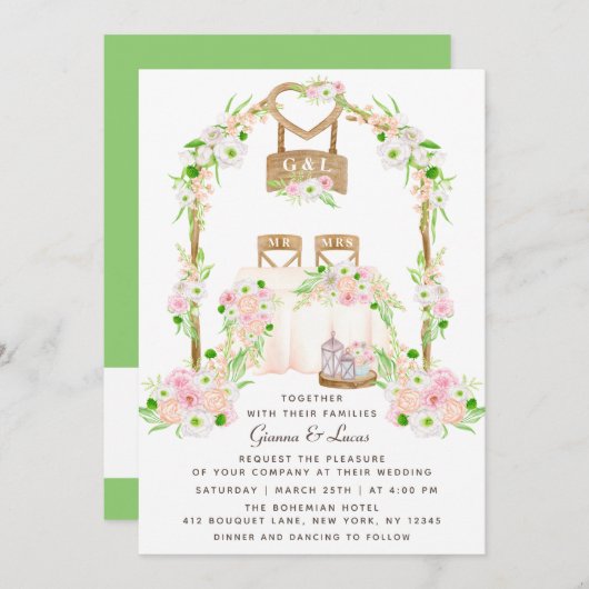 外モダン素朴水カラーフローラ結婚の 招待状 (正面/裏面)