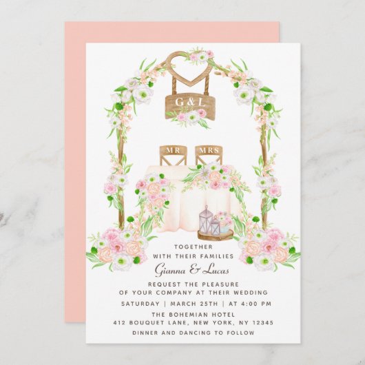 外モダン素朴水カラーフローラ結婚の 招待状 (正面/裏面)