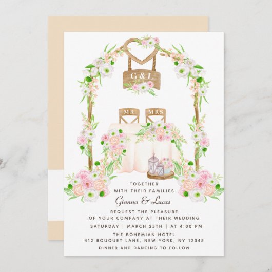 外モダン素朴水カラーフローラ結婚の 招待状 (正面/裏面)