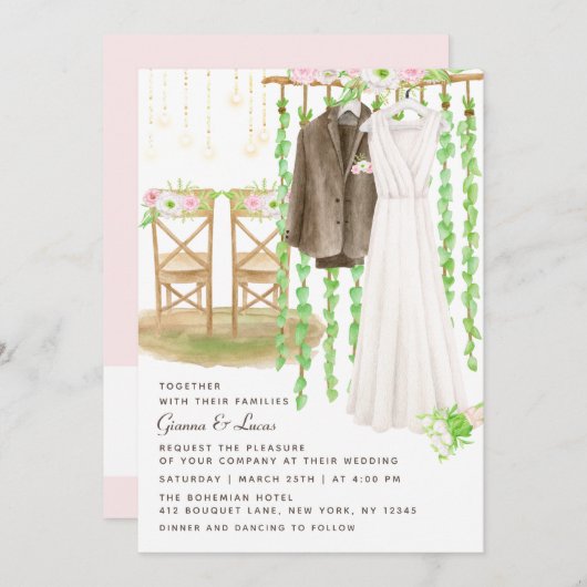 外モダン素朴水カラーフローラ結婚の 招待状 (正面/裏面)