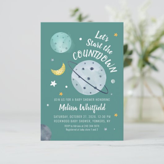 外宇宙の水の色のスクリプト惑星ベビーシャワー 招待状 (スタンド正面)