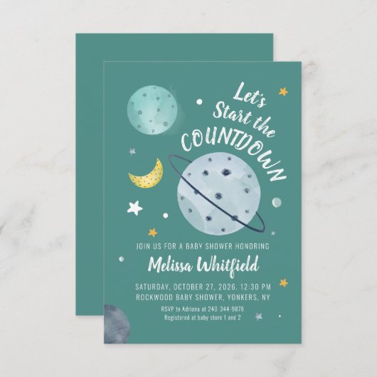 外宇宙の水の色のスクリプト惑星ベビーシャワー 招待状 (正面/裏面)