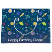 外空間ドードルパターンモノグラム |濃い青 ラージペーパーバッグ (正面)