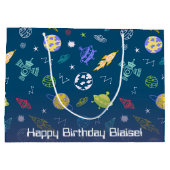 外空間ドードルパターンモノグラム |濃い青 ラージペーパーバッグ (裏面)