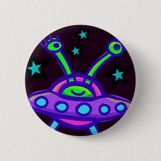 外空間飛んでいるピンのソーサーエイリアン 缶バッジ (正面)