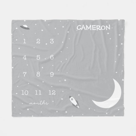 外部空間のグレーと白のマイルストーンベビー フリースブランケット (正面(横))