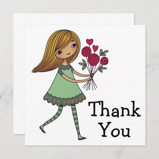 多お洒落くのバラを持つ漫画の少女 サンキューカード (正面/裏面)