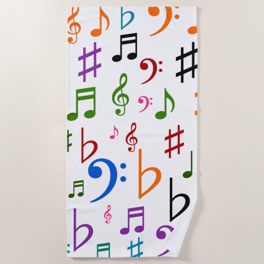 多くのカラフルな音楽ノートおよび記号のビーチタオル ビーチタオル (正面)