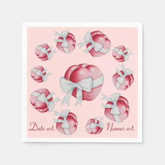 多くのハートとリボン 赤とピンク スタンダードカクテルナプキン (正面)