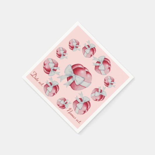 多くのハートとリボン 赤とピンク スタンダードカクテルナプキン (角)