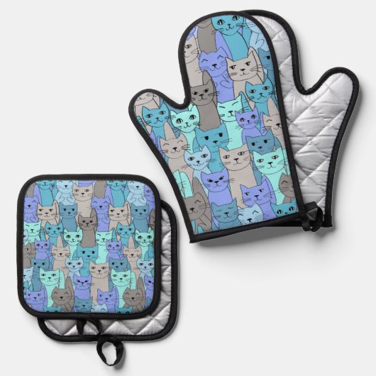 多くのブルーキャッツデザイン 鍋つかみ&鍋敷きセット (正面/裏面)