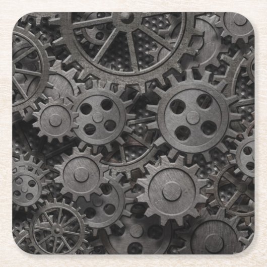 多くの古い錆ついた金属のギアか機械部品 スクエアペーパーコースター (正面)