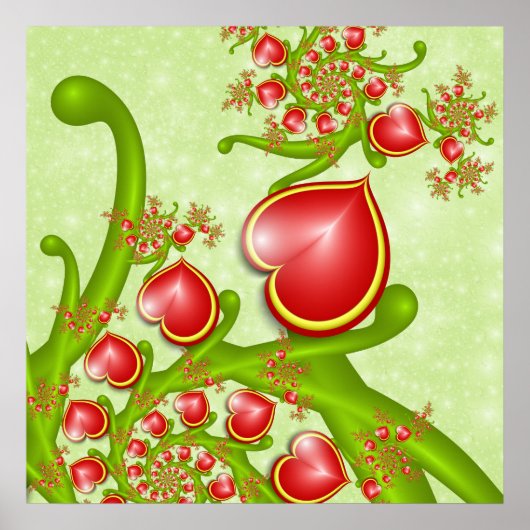 多くの愛と赤い黄色のハートフラクタルアート ポスター (正面)