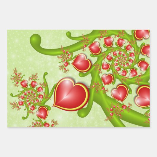 多くの愛と赤い黄色のハートフラクタルアート ラッピングペーパーシート (正面)