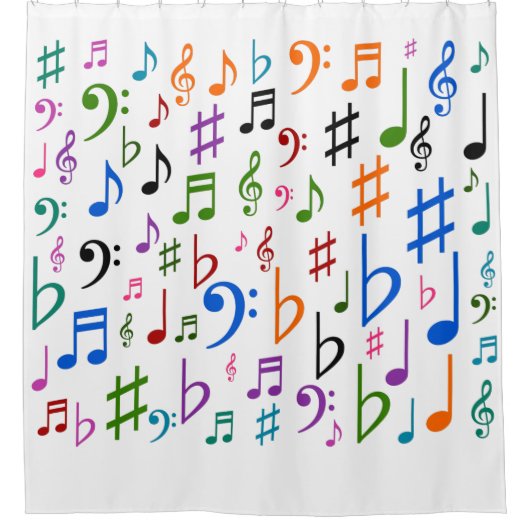 多くの楽譜と記号 シャワーカーテン (正面)