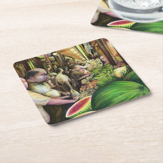 多くの男性、多くのメロン、ブダペスト スクエアペーパーコースター (アングル)