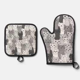 多くの白黒キャッツデザイン 鍋つかみ&鍋敷きセット
