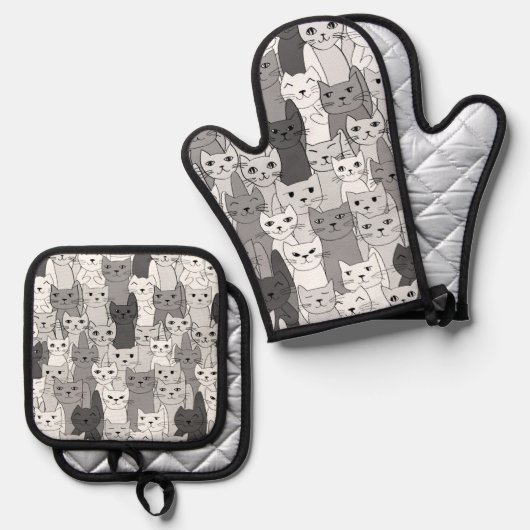 多くの白黒キャッツデザイン 鍋つかみ&鍋敷きセット (正面/裏面)