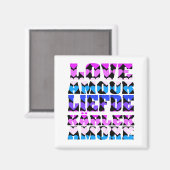 多くの言語で愛ハートピンク青パープル マグネット (正面/裏面)