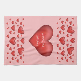 多くの赤いハートとカスタム文字 キッチンタオル