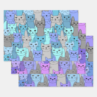 多くの青と紫の猫のデザイン ラッピングペーパーシート