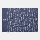 多くの魚の模様の青いモノグラム キッチンタオル (横)