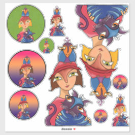 多くの鳥、猫の女性 シール