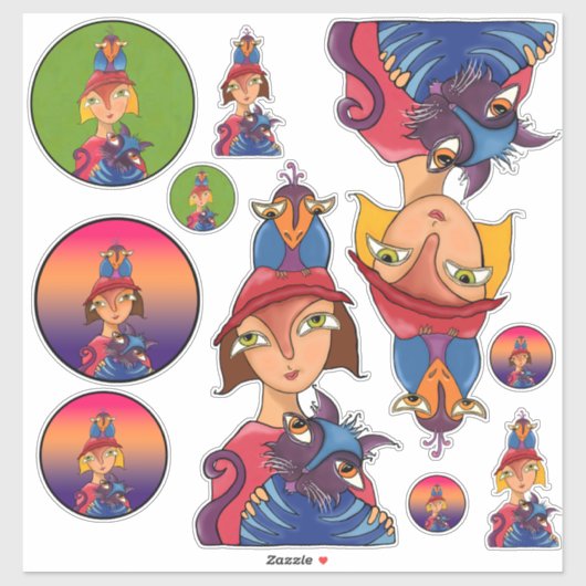 多くの鳥、猫の女性 シール (シート)