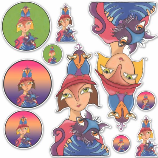 多くの鳥、猫の女性 シール (正面)