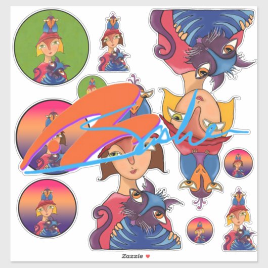 多くの鳥、猫の女性 シール (シート)