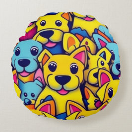多くの黄色い犬は幸せな犬 ラウンドクッション