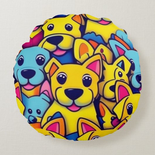 多くの黄色い犬は幸せな犬 ラウンドクッション (正面)