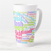 多カラフルくの言語のワードアート応援 カフェラテマグ (右アングル)