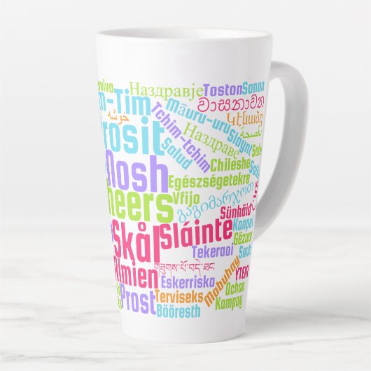 多カラフルくの言語のワードアート応援 カフェラテマグ (右アングル)
