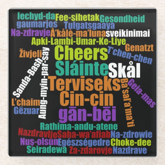 多カラフルくの言語のワードアート応援 ガラスコースター (正面)