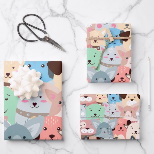 多カラフル犬デザイン ラッピングペーパーシート (正面)