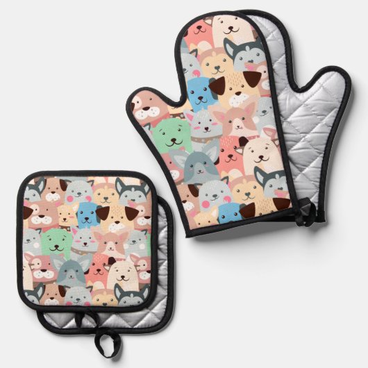 多カラフル犬デザイン 鍋つかみ&鍋敷きセット (正面/裏面)