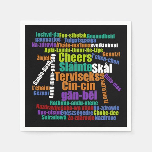 多カラフル言語の応援トーストWord Cloud スタンダードカクテルナプキン (正面)