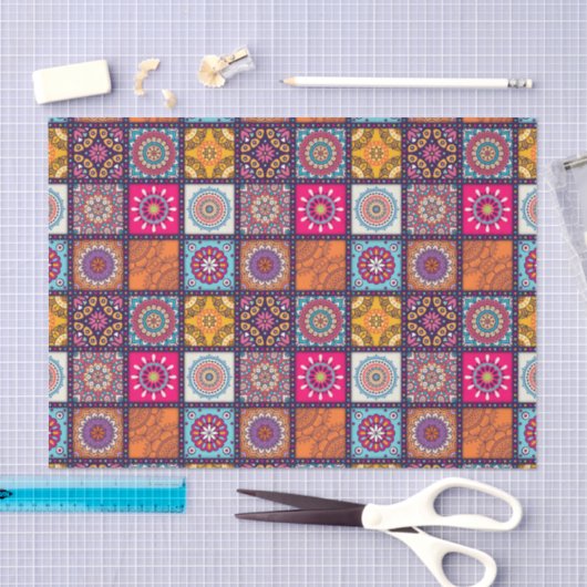 多彩で精神的な曼荼羅の花柄はパターンをタイルを張りました 薄葉紙 (クラフト)