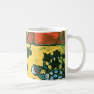 多彩なテーブルクロスが付いている静物画 コーヒーマグカップ