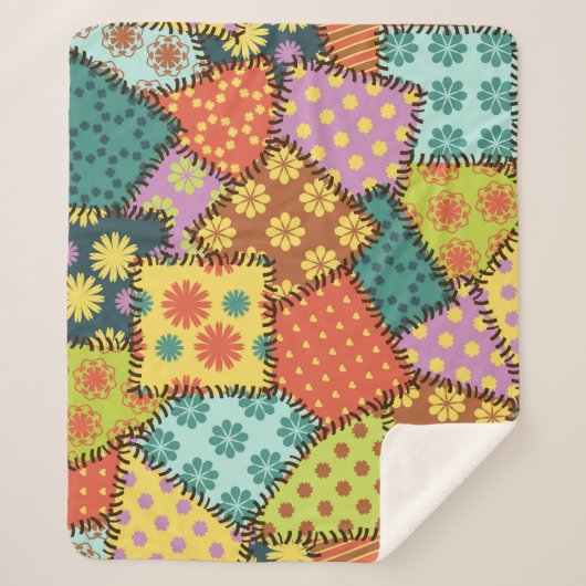 多彩なパッチワーク：多様なパターンミックス シェルパブランケット (正面)