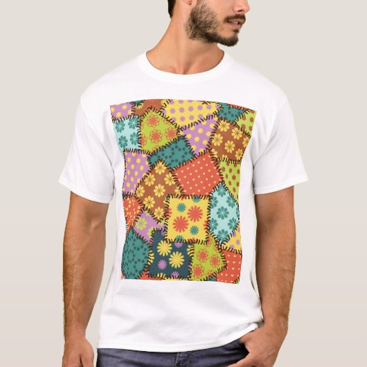 多彩なパッチワーク：多様なパターンミックス Tシャツ (正面)