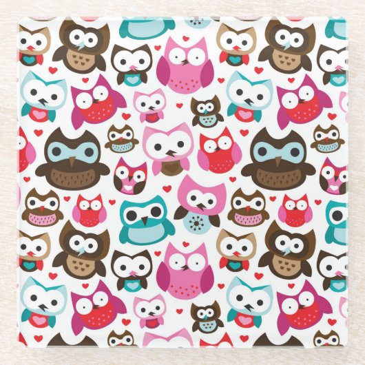 多彩なフクロウパターン ガラスコースター (正面)