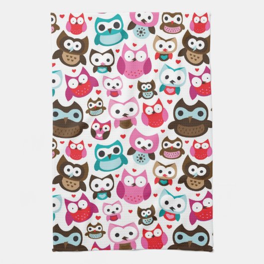 多彩なフクロウパターン キッチンタオル (縦)