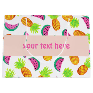 多彩な水彩画のパイナップルスイカパターン ラージペーパーバッグ